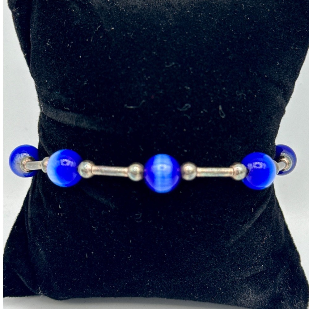 Italian 925 Sterling Silver Blue Cats Eye Glass Bead Bracelet 7.5in Perfect Gift